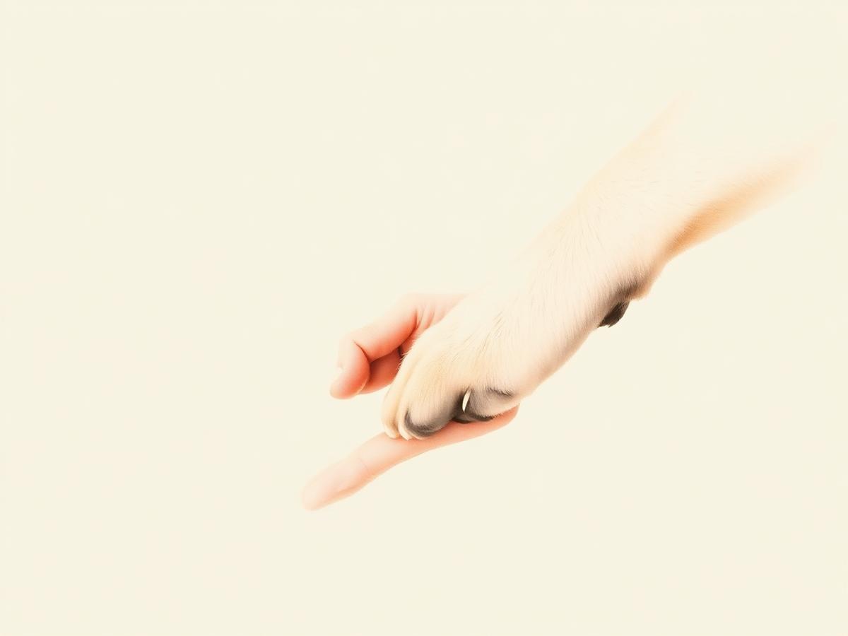 A hand gently holding a dog's paw